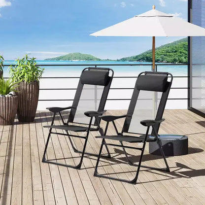 Ensemble de 2 chaises de salle à manger pliantes pour patio, chaise de terrasse extérieure avec dossier inclinable réglable, chaise de camping avec appui-tête amovible pour jardin, arrière-cour, noir