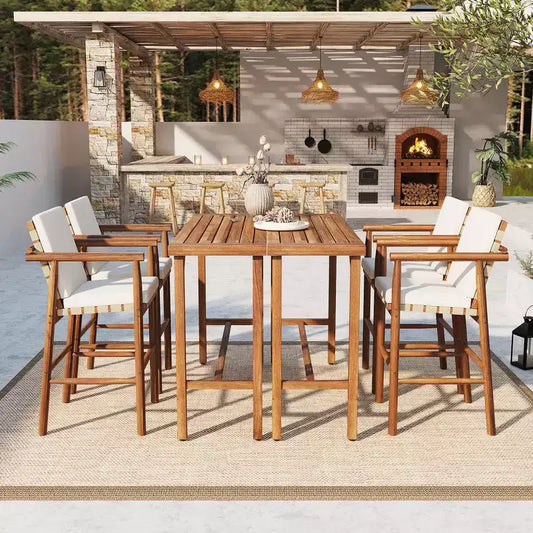 GDFStudio Carter Patio Modern 6-Piece Acacia Wood Counter Height Bar Dining Set with Stools