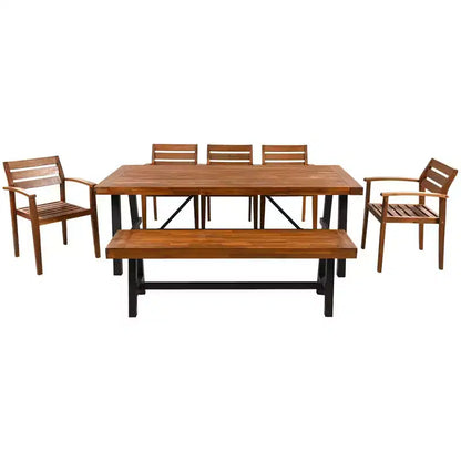 Ensemble de salle à manger d'extérieur rustique en bois Whisen 7 pièces – 8 places, mobilier de patio avec coussins amovibles, chaises et banc, résistant aux intempéries – Naturel