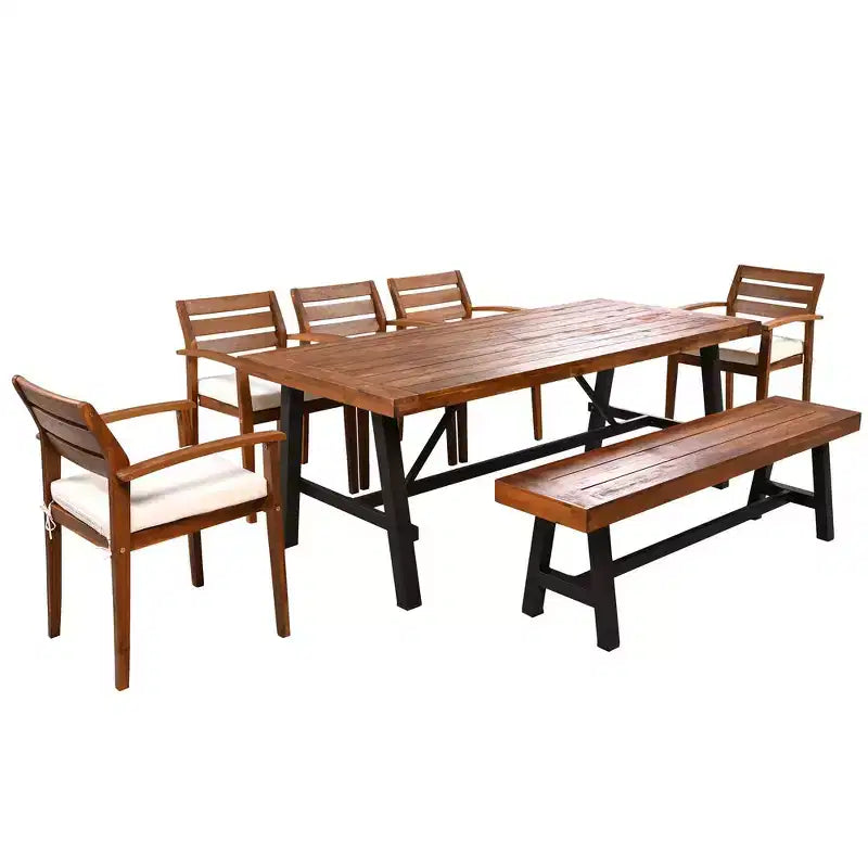 Ensemble de salle à manger d'extérieur rustique en bois Whisen 7 pièces – 8 places, mobilier de patio avec coussins amovibles, chaises et banc, résistant aux intempéries – Naturel