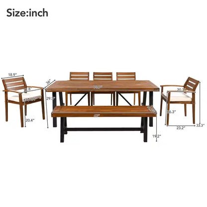 Ensemble de salle à manger d'extérieur rustique en bois Whisen 7 pièces – 8 places, mobilier de patio avec coussins amovibles, chaises et banc, résistant aux intempéries – Naturel