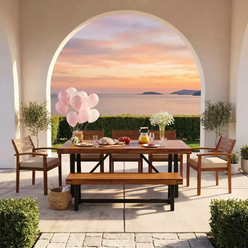 Ensemble de salle à manger d'extérieur rustique en bois Whisen 7 pièces – 8 places, mobilier de patio avec coussins amovibles, chaises et banc, résistant aux intempéries – Naturel