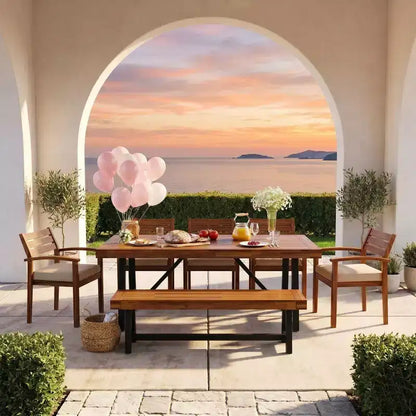 Ensemble de salle à manger d'extérieur rustique en bois Whisen 7 pièces – 8 places, mobilier de patio avec coussins amovibles, chaises et banc, résistant aux intempéries – Naturel