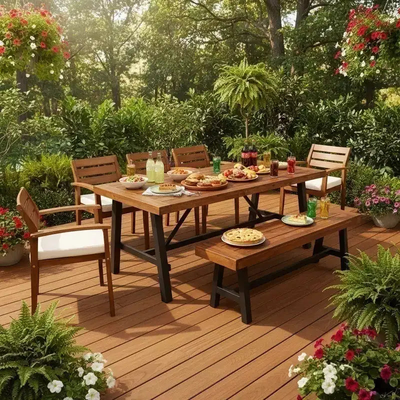 Ensemble de salle à manger d'extérieur rustique en bois Whisen 7 pièces – 8 places, mobilier de patio avec coussins amovibles, chaises et banc, résistant aux intempéries – Naturel
