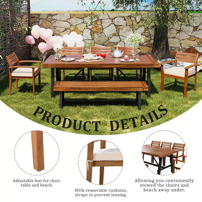 Ensemble de salle à manger d'extérieur rustique en bois Whisen 7 pièces – 8 places, mobilier de patio avec coussins amovibles, chaises et banc, résistant aux intempéries – Naturel