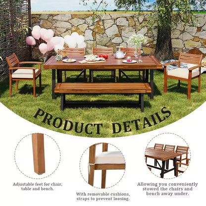 Ensemble de salle à manger d'extérieur rustique en bois Whisen 7 pièces – 8 places, mobilier de patio avec coussins amovibles, chaises et banc, résistant aux intempéries – Naturel