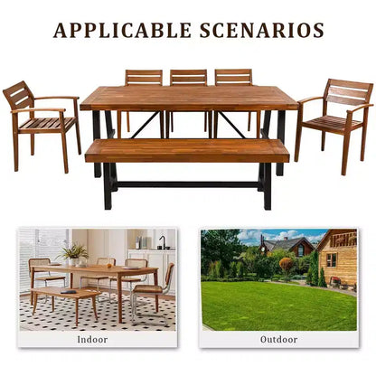 Ensemble de salle à manger d'extérieur rustique en bois Whisen 7 pièces – 8 places, mobilier de patio avec coussins amovibles, chaises et banc, résistant aux intempéries – Naturel