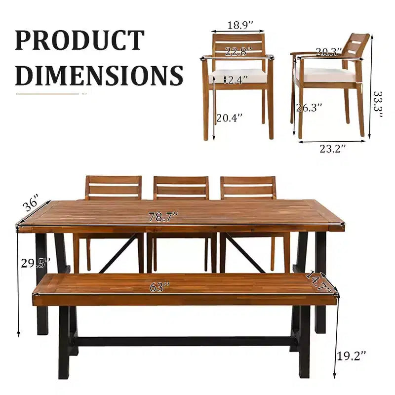 Ensemble de salle à manger d'extérieur rustique en bois Whisen 7 pièces – 8 places, mobilier de patio avec coussins amovibles, chaises et banc, résistant aux intempéries – Naturel