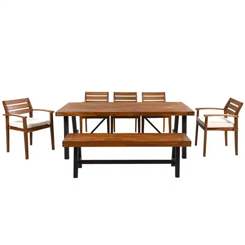 Ensemble de salle à manger d'extérieur rustique en bois Whisen 7 pièces – 8 places, mobilier de patio avec coussins amovibles, chaises et banc, résistant aux intempéries – Naturel