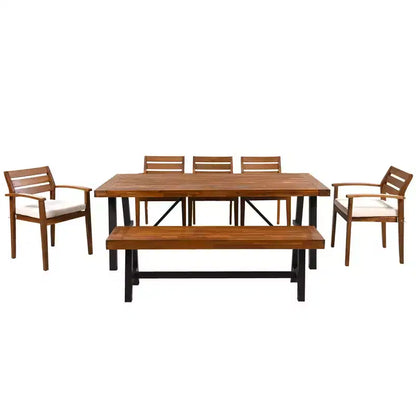 Ensemble de salle à manger d'extérieur rustique en bois Whisen 7 pièces – 8 places, mobilier de patio avec coussins amovibles, chaises et banc, résistant aux intempéries – Naturel
