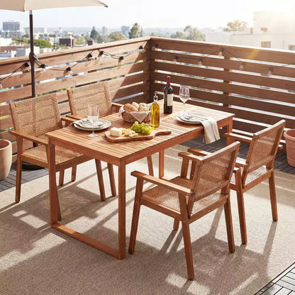 Gymax Set da Pranzo per Esterni 5 Pezzi in Legno di Acacia e Sedie in Rattan per Balcone a Bordo Piscina