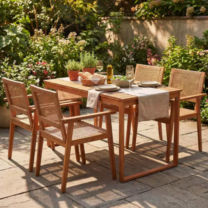 Gymax Set da Pranzo per Esterni 5 Pezzi in Legno di Acacia e Sedie in Rattan per Balcone a Bordo Piscina