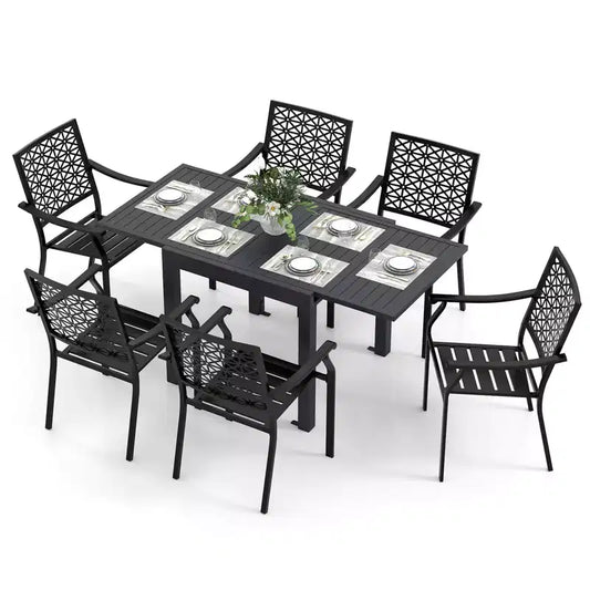 Gymax 7PCS Expandable Outdoor Dining Set w/Slatted Tabletop & Seats for Deck Garden