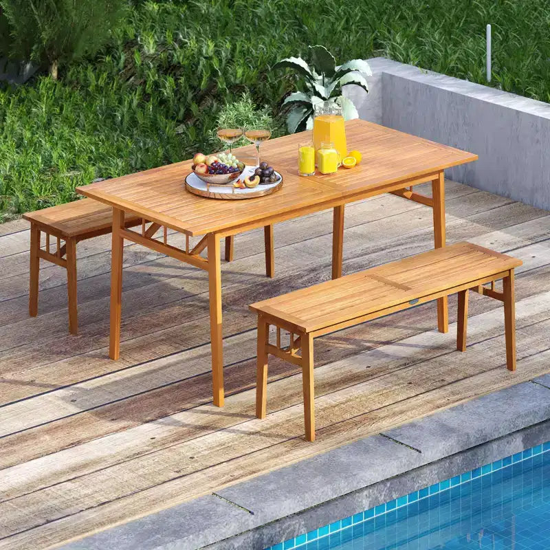 Gymax Set da Pranzo per Esterno 3 Pezzi Tavolo Rettangolare da Picnic e 2 Panche con Foro per Ombrellone da 5 cm
