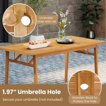 Gymax Set da Pranzo per Esterno 3 Pezzi Tavolo Rettangolare da Picnic e 2 Panche con Foro per Ombrellone da 5 cm