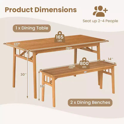 Gymax Set da Pranzo per Esterno 3 Pezzi Tavolo Rettangolare da Picnic e 2 Panche con Foro per Ombrellone da 5 cm