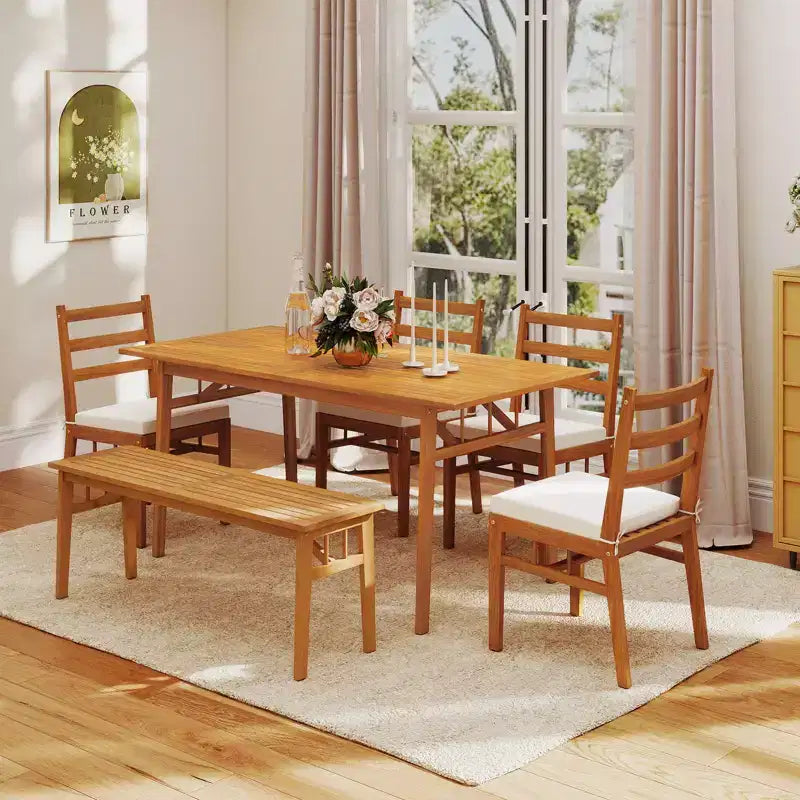 Ensemble de salle à manger Gymax 6 pièces en bois d'acacia pour patio avec banc, trou pour parasol de 1,97 m, coussins pour jardin