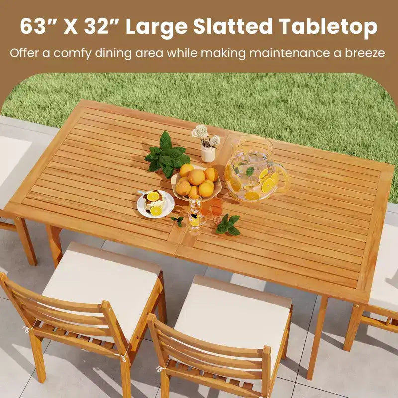 Ensemble de salle à manger Gymax 6 pièces en bois d'acacia pour patio avec banc, trou pour parasol de 1,97 m, coussins pour jardin