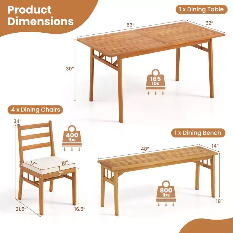Ensemble de salle à manger Gymax 6 pièces en bois d'acacia pour patio avec banc, trou pour parasol de 1,97 m, coussins pour jardin
