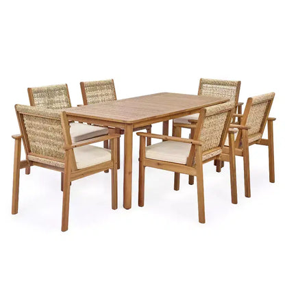 Ensemble de salle à manger Christopher Knight Home Nadi Farmhouse en bois d'acacia rembourré avec 6 chaises à dossier en osier et plateau de table à lattes