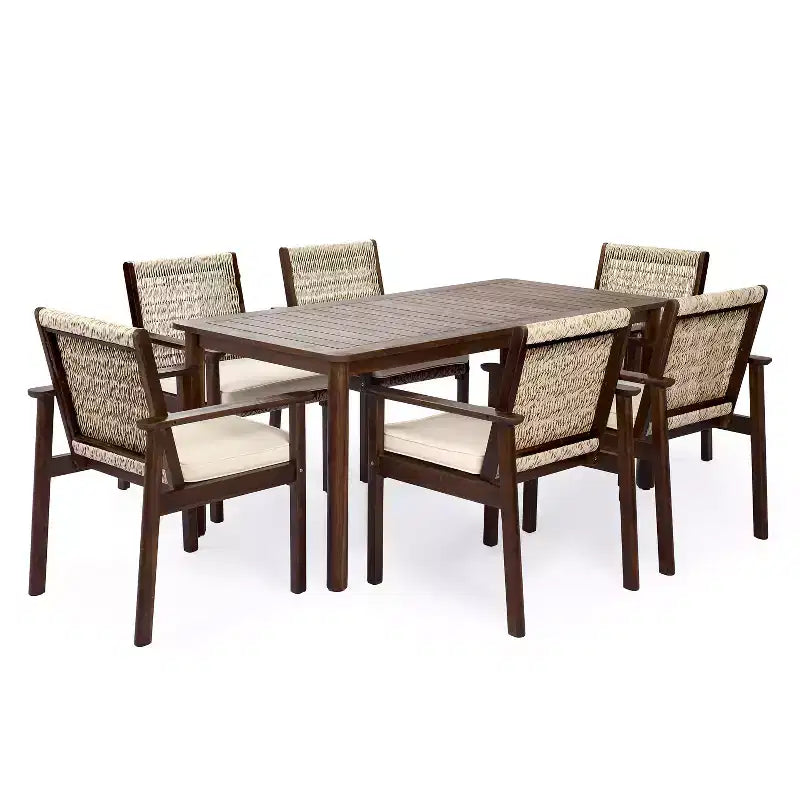 Ensemble de salle à manger Christopher Knight Home Nadi Farmhouse en bois d'acacia rembourré avec 6 chaises à dossier en osier et plateau de table à lattes