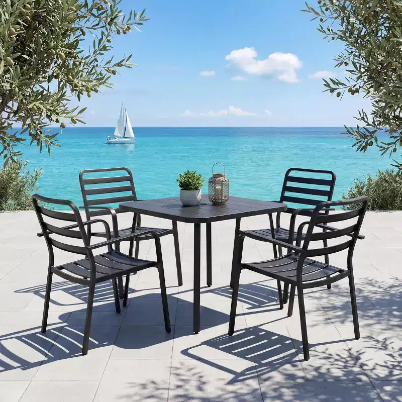 LAUSAINT HOME Set da pranzo da esterno 5 pezzi per 4 persone, tavolo quadrato in metallo nero da 35'' con foro per ombrellone da 1,5'' e 4 sedie impilabili