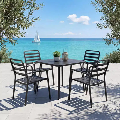 LAUSAINT HOME Set da pranzo da esterno 5 pezzi per 4 persone, tavolo quadrato in metallo nero da 35'' con foro per ombrellone da 1,5'' e 4 sedie impilabili