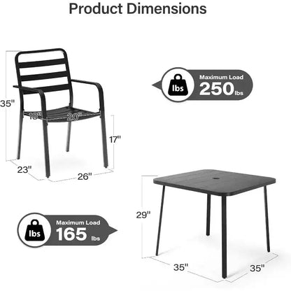 LAUSAINT HOME Set da pranzo da esterno 5 pezzi per 4 persone, tavolo quadrato in metallo nero da 35'' con foro per ombrellone da 1,5'' e 4 sedie impilabili