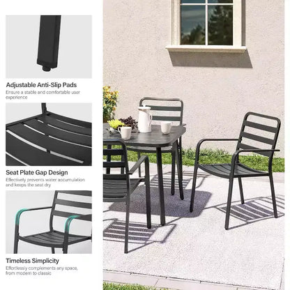 LAUSAINT HOME Set da pranzo da esterno 5 pezzi per 4 persone, tavolo quadrato in metallo nero da 35'' con foro per ombrellone da 1,5'' e 4 sedie impilabili