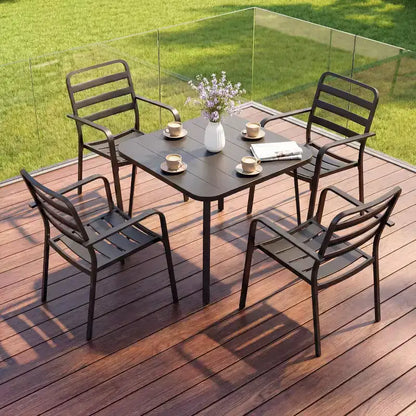 LAUSAINT HOME Set da pranzo da esterno 5 pezzi per 4 persone, tavolo quadrato in metallo nero da 35'' con foro per ombrellone da 1,5'' e 4 sedie impilabili