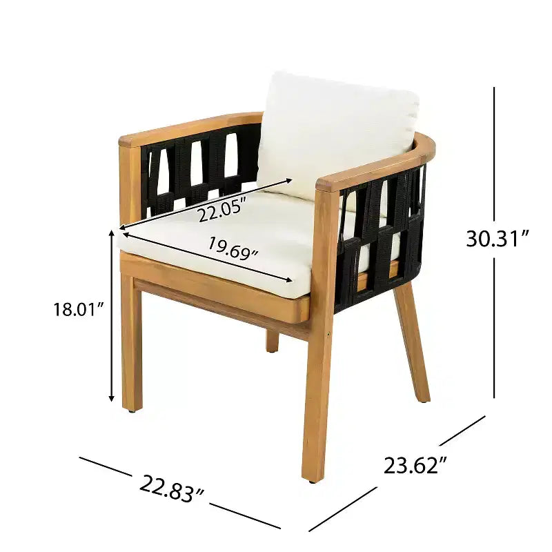 Ensemble de salle à manger de patio en bois d'acacia ModernLuxe, table de salle à manger d'extérieur et 4 fauteuils en corde tressée avec coussins crème, teck+noir