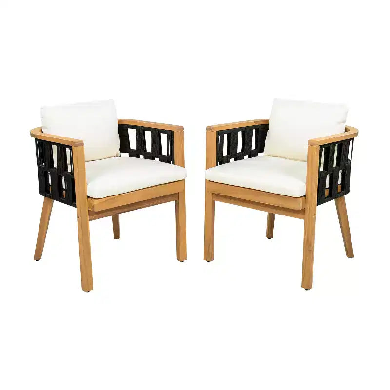 Ensemble de salle à manger de patio en bois d'acacia ModernLuxe, table de salle à manger d'extérieur et 4 fauteuils en corde tressée avec coussins crème, teck+noir