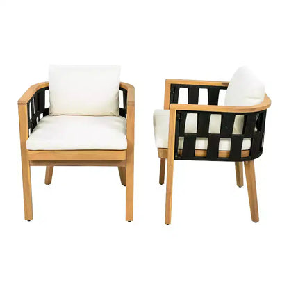Ensemble de salle à manger de patio en bois d'acacia ModernLuxe, table de salle à manger d'extérieur et 4 fauteuils en corde tressée avec coussins crème, teck+noir