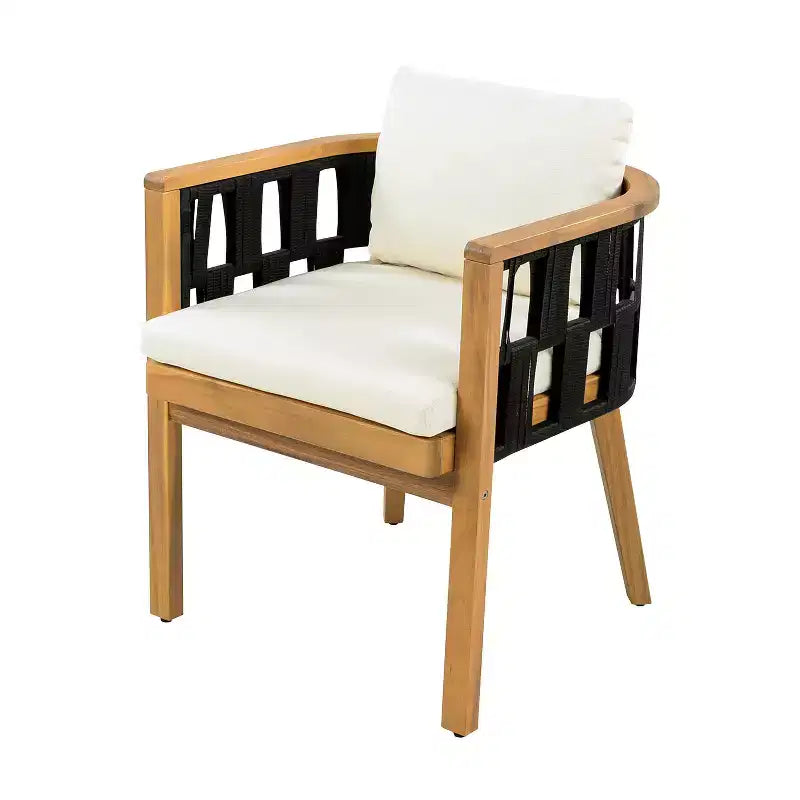Ensemble de salle à manger de patio en bois d'acacia ModernLuxe, table de salle à manger d'extérieur et 4 fauteuils en corde tressée avec coussins crème, teck+noir