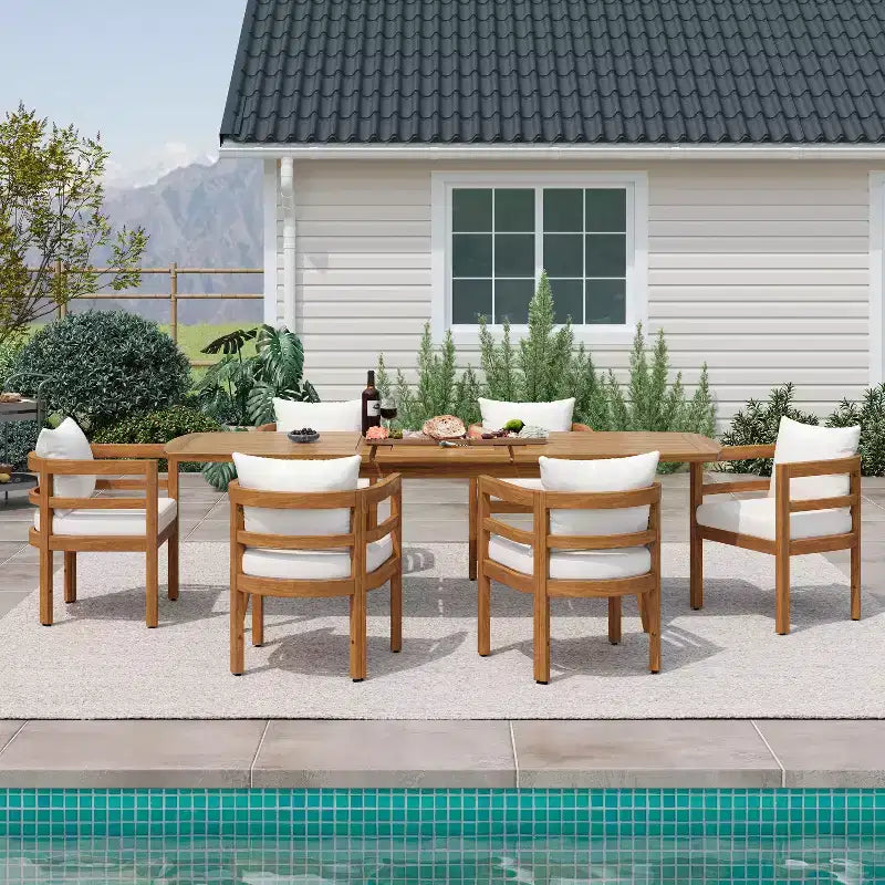 Christopher Knight Home Bennett, ensemble de 7 pièces de patio rustique en bois d'acacia avec table à manger extensible et chaises avec coussins