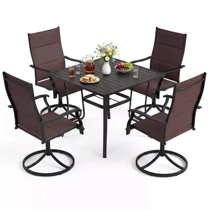 Ensemble repas d'extérieur 5 pièces Costway, 4 chaises pivotantes et table de patio carrée avec trou pour parasol Noir + Marron/Noir