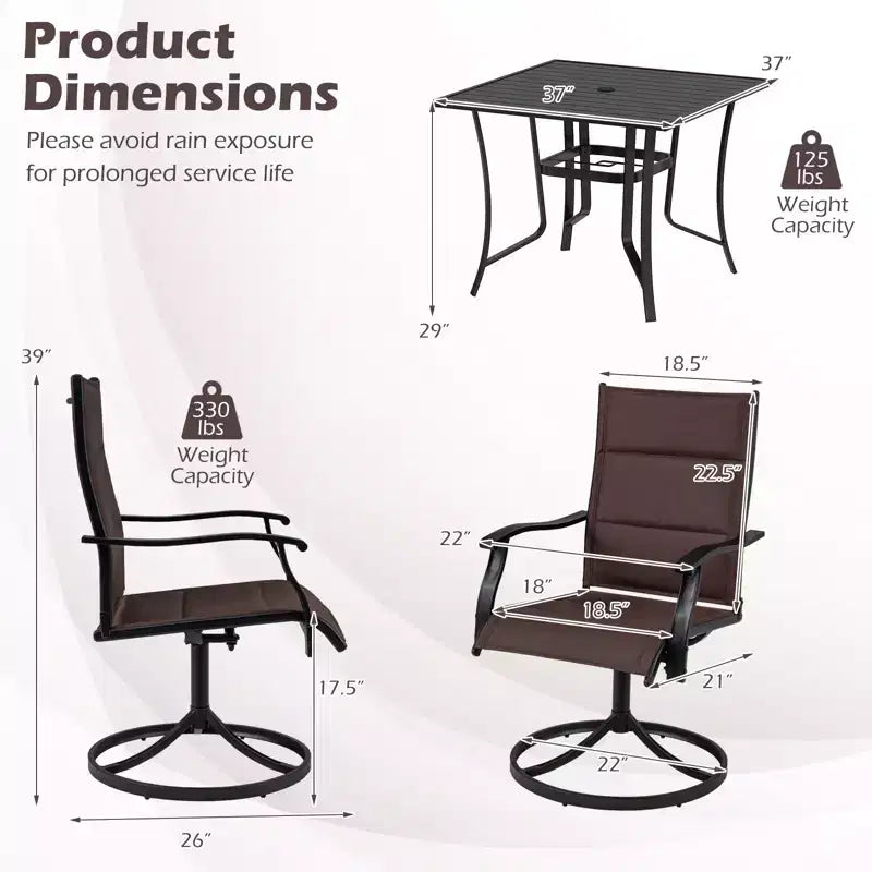 Ensemble repas d'extérieur 5 pièces Costway, 4 chaises pivotantes et table de patio carrée avec trou pour parasol Noir + Marron/Noir