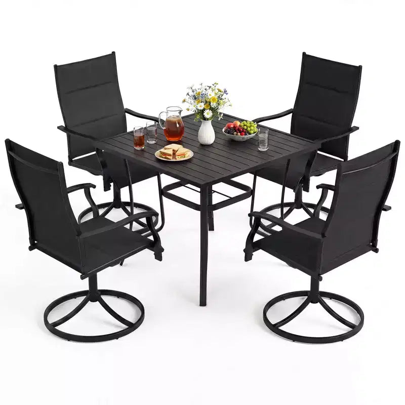 Ensemble repas d'extérieur 5 pièces Costway, 4 chaises pivotantes et table de patio carrée avec trou pour parasol Noir + Marron/Noir