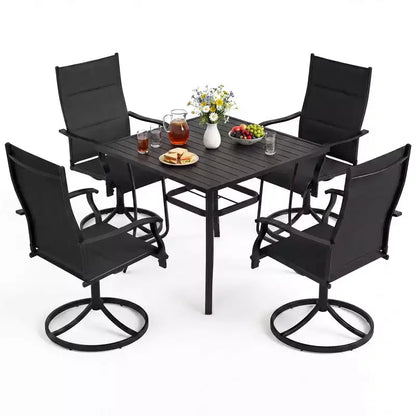 Ensemble repas d'extérieur 5 pièces Costway, 4 chaises pivotantes et table de patio carrée avec trou pour parasol Noir + Marron/Noir