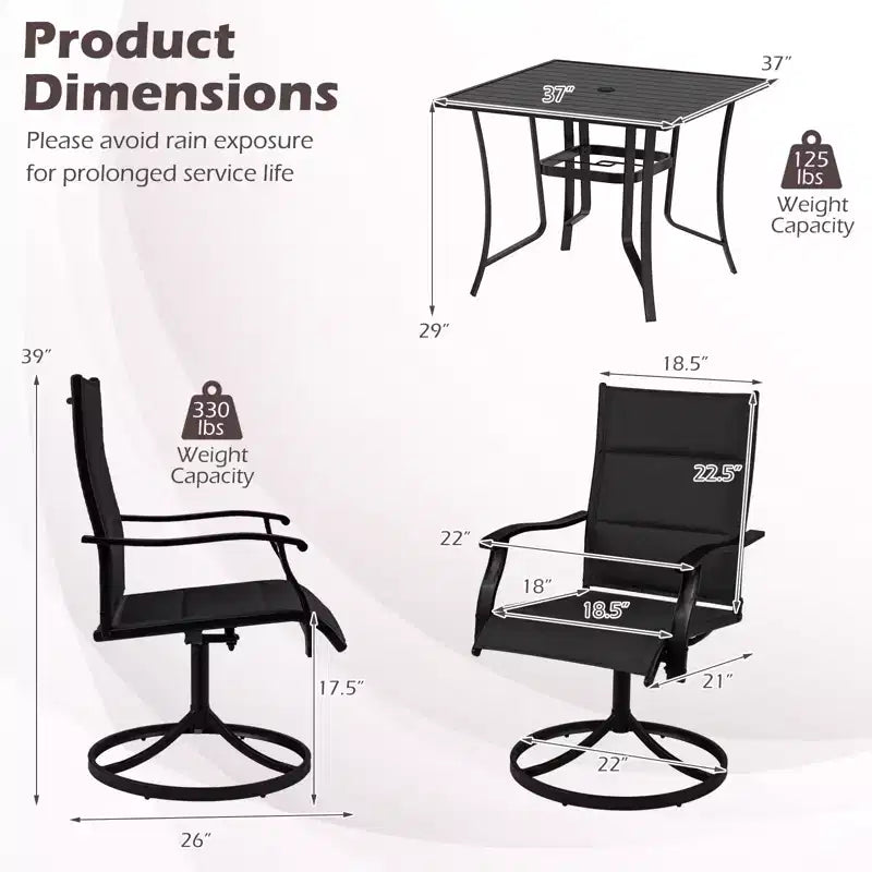 Ensemble repas d'extérieur 5 pièces Costway, 4 chaises pivotantes et table de patio carrée avec trou pour parasol Noir + Marron/Noir