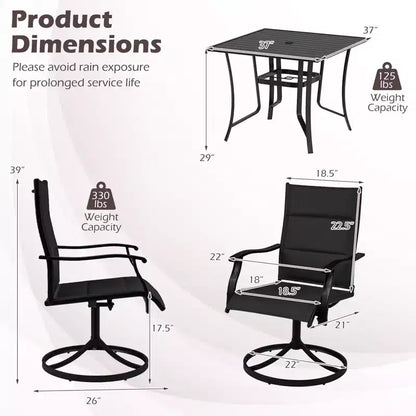 Ensemble repas d'extérieur 5 pièces Costway, 4 chaises pivotantes et table de patio carrée avec trou pour parasol Noir + Marron/Noir