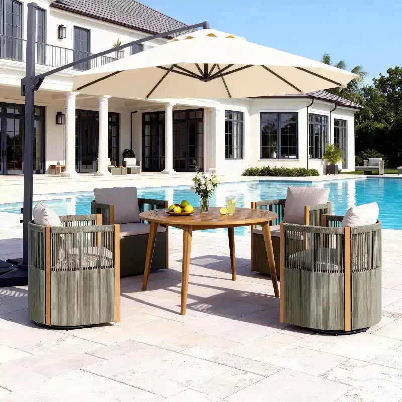 Ensemble de salle à manger pivotant 5 pièces Christopher Knight Home Oliver pour patio extérieur en bois d'acacia et corde avec coussins, 1 table et 4 chaises