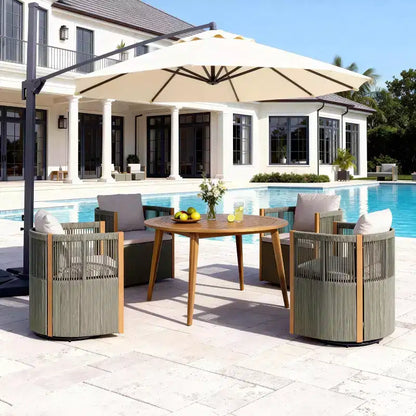 Ensemble de salle à manger pivotant 5 pièces Christopher Knight Home Oliver pour patio extérieur en bois d'acacia et corde avec coussins, 1 table et 4 chaises