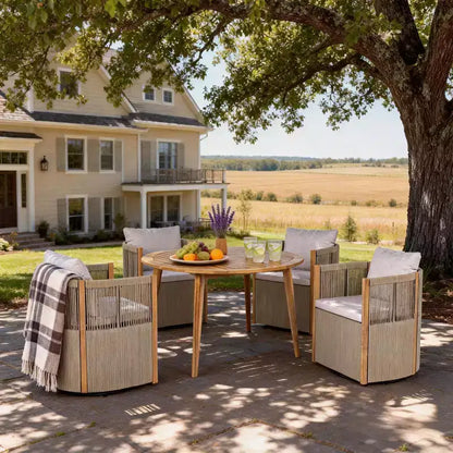 Ensemble de salle à manger pivotant 5 pièces Christopher Knight Home Oliver pour patio extérieur en bois d'acacia et corde avec coussins, 1 table et 4 chaises