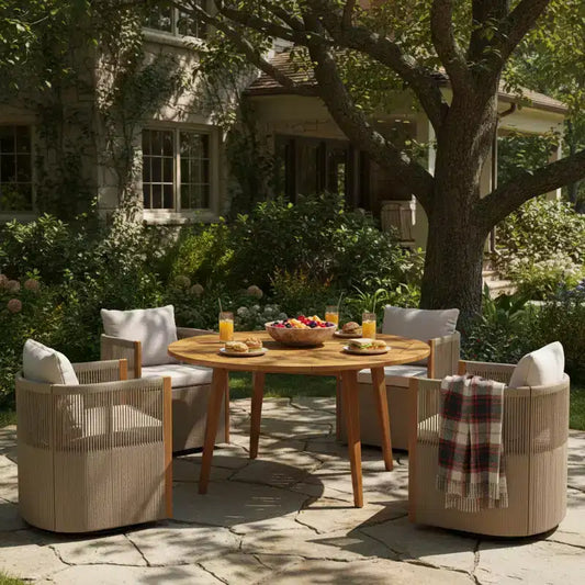 Christopher Knight Home Oliver Outdoor Patio 5-Piece Acacia Wood and Rope Swivel Dining Set with Cushions, Table and 4 Chairs