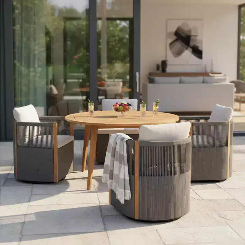 Ensemble de salle à manger pivotant 5 pièces Christopher Knight Home Oliver pour patio extérieur en bois d'acacia et corde avec coussins, 1 table et 4 chaises