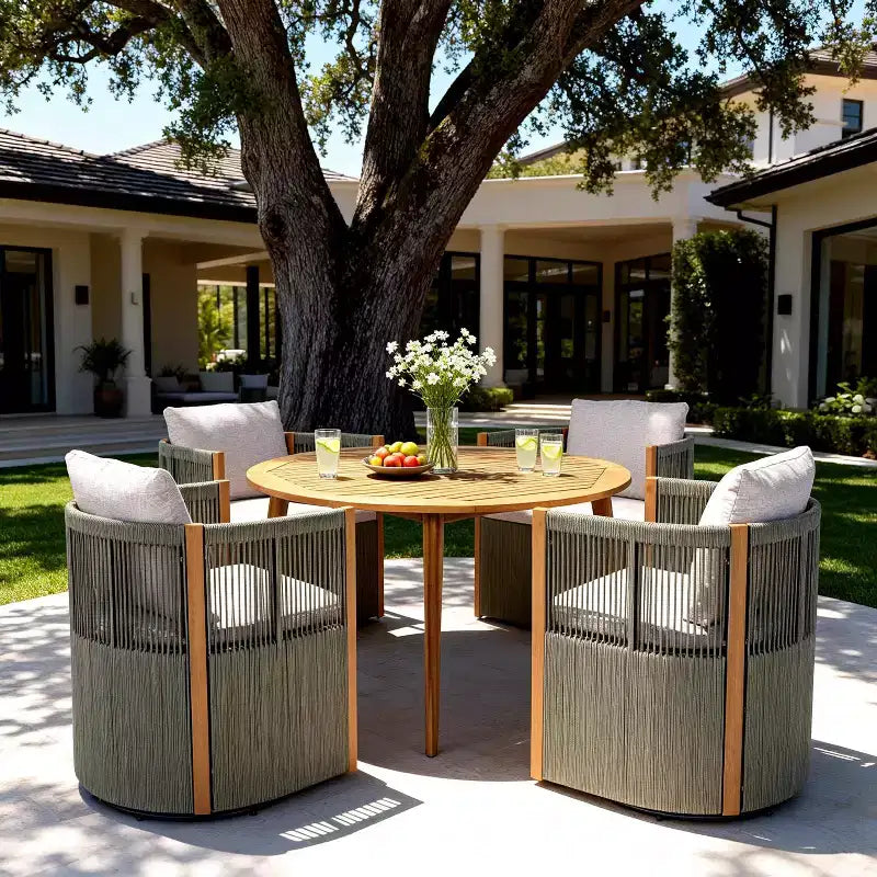 Ensemble de salle à manger pivotant 5 pièces Christopher Knight Home Oliver pour patio extérieur en bois d'acacia et corde avec coussins, 1 table et 4 chaises