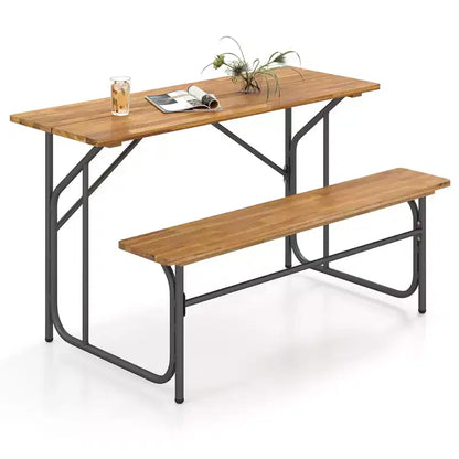 Costway Patio Table Bench Set for 2 Picnic Table & Loveseat w/Acacia Wood Top Metal Legs