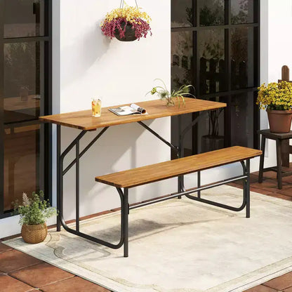 Costway Tavolo e Panca da Giardino per 2 Persone Tavolo da Picnic e Divanetto con Piano in Legno di Acacia e Gambe in Metallo