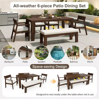 Ensemble de salle à manger Whisen pour 6 personnes, Mobilier d'extérieur avec trou pour parasol, table, chaises et banc